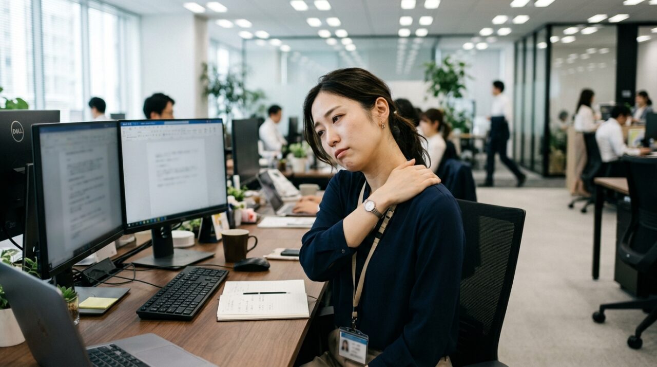 ネックストラップ装着による肩こりに悩む女性社員