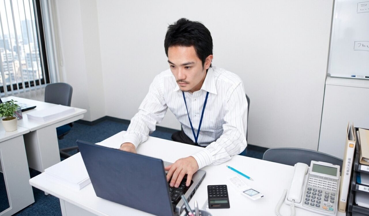 ネックストラップを装着して仕事をする男性社員